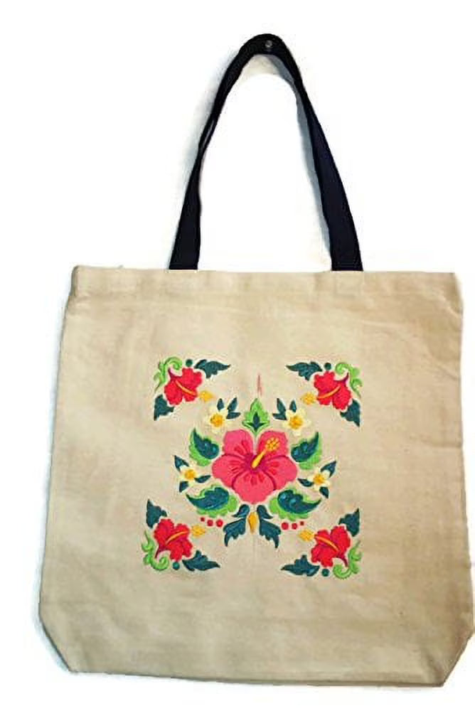 22" Embroidered Hibiscus Canvas Tote Bag V7180
