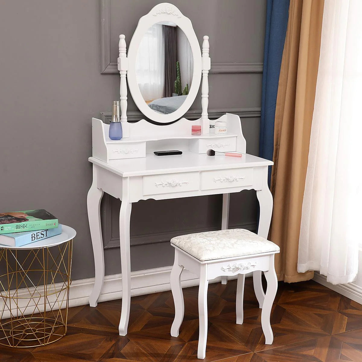 White Dressing Table and Stool Set with 4 Drawers & Mirror X2770