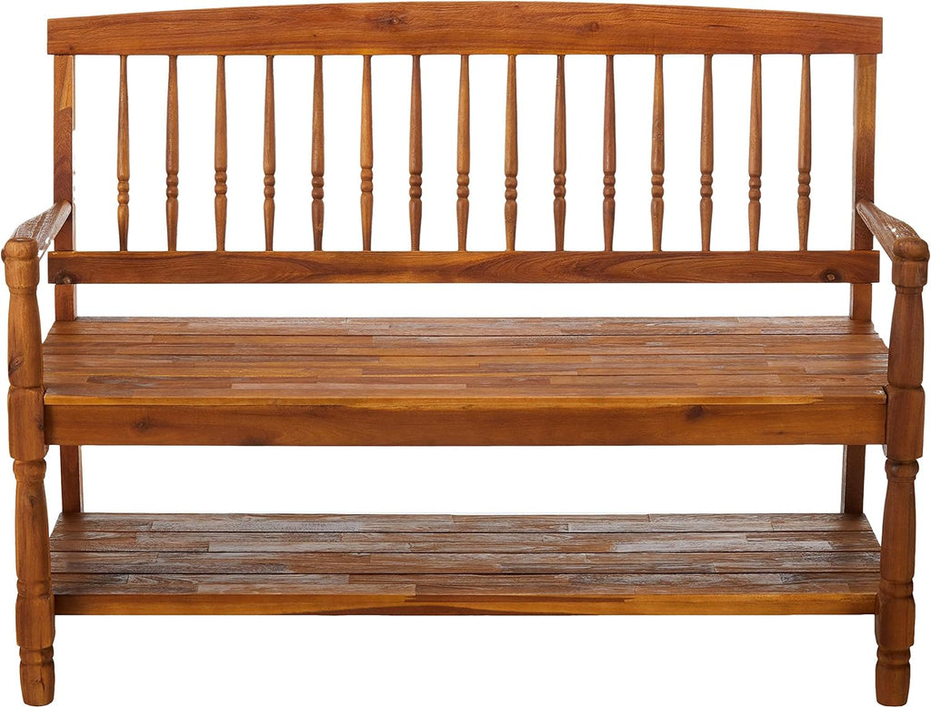 Teak Finish Acacia Wood Bench with Shelf T3771