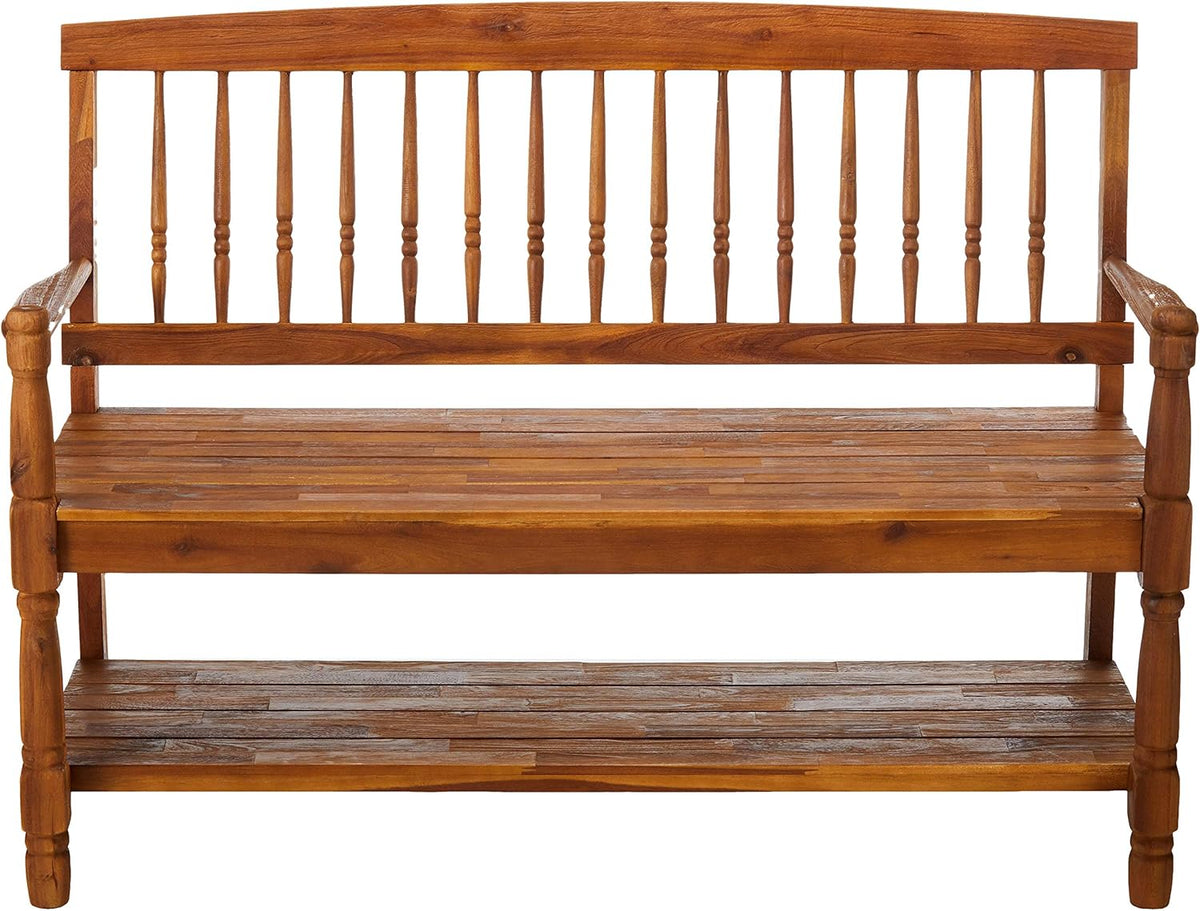 Teak Finish Acacia Wood Bench with Shelf T3771