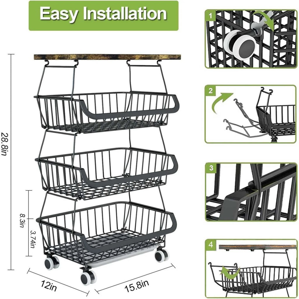 4 Tier Fruit Vegetable Cart with Solid Wood and Rollers W643