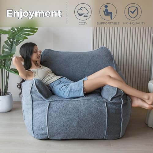Beige Large Fluffy Bean Bag Chair with Armrest V619