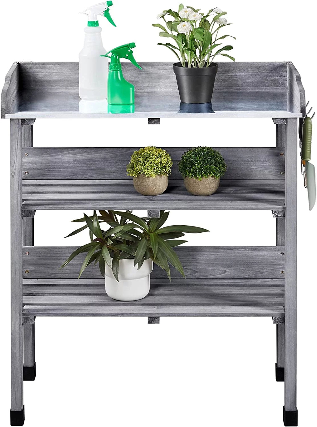 Brown Wooden Potting Bench with Metal Tabletop and Storage Shelf X912