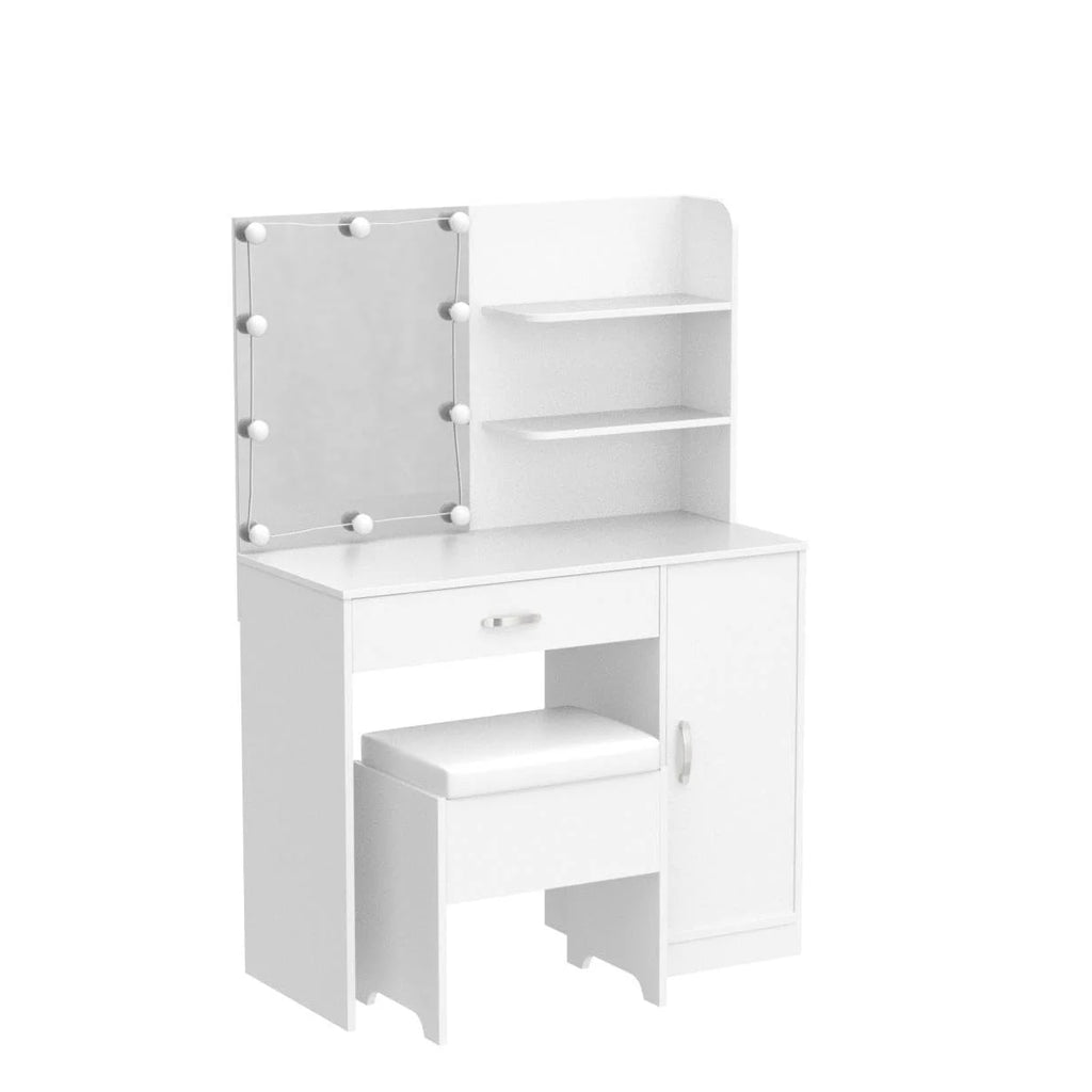 White Makeup Vanity Table Set with Lighted Mirror and Stool R6943