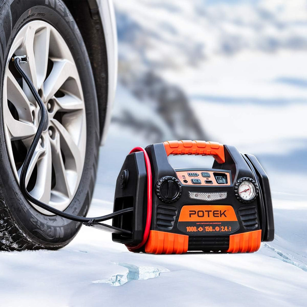 Portable Car Jump Starter 1000 Peak Amp 12-Volt with 1-USB 1-12V Power Ports & 150 PSI Air Compressor E5870