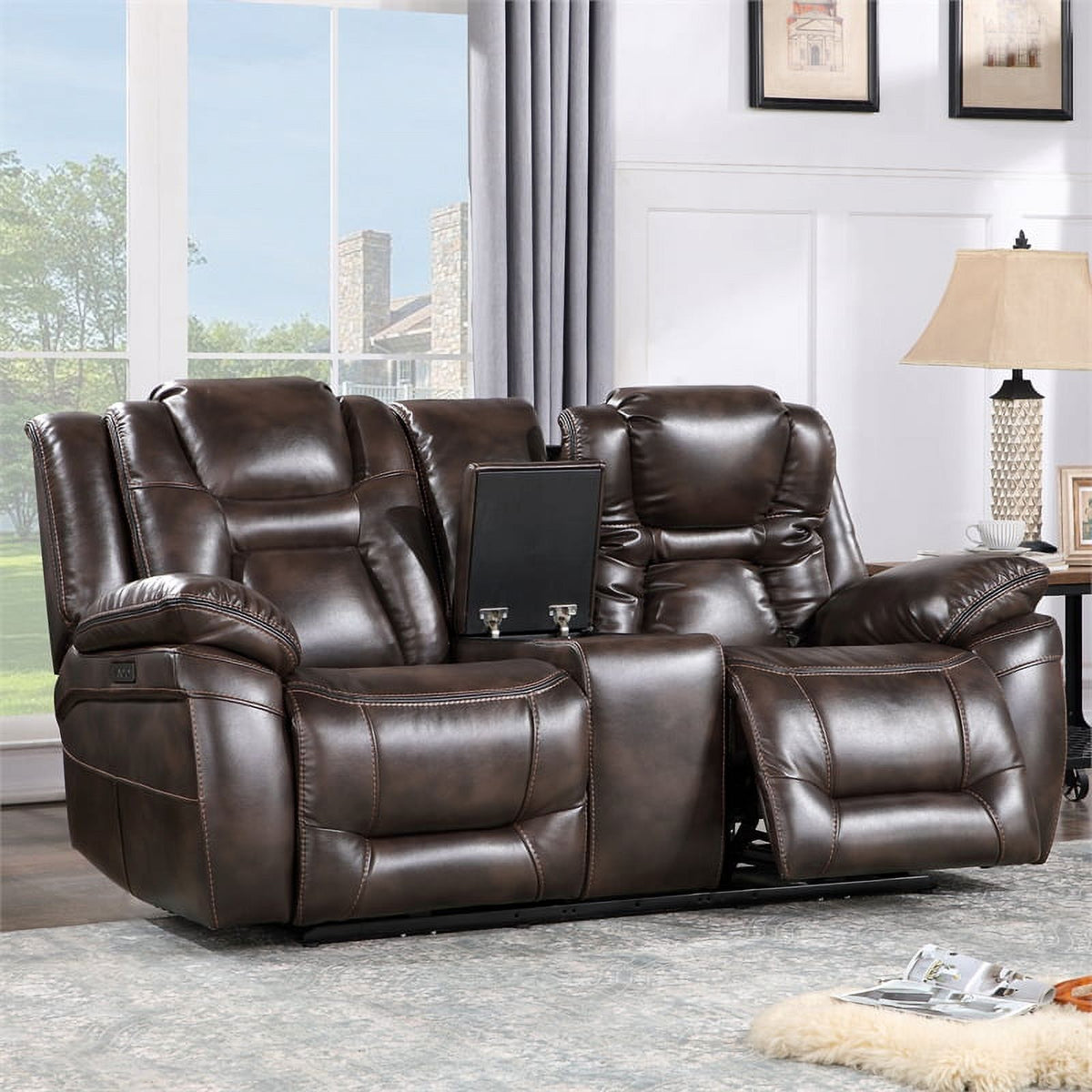 Brown Faux Leather Dual Power 3PC Set P4917