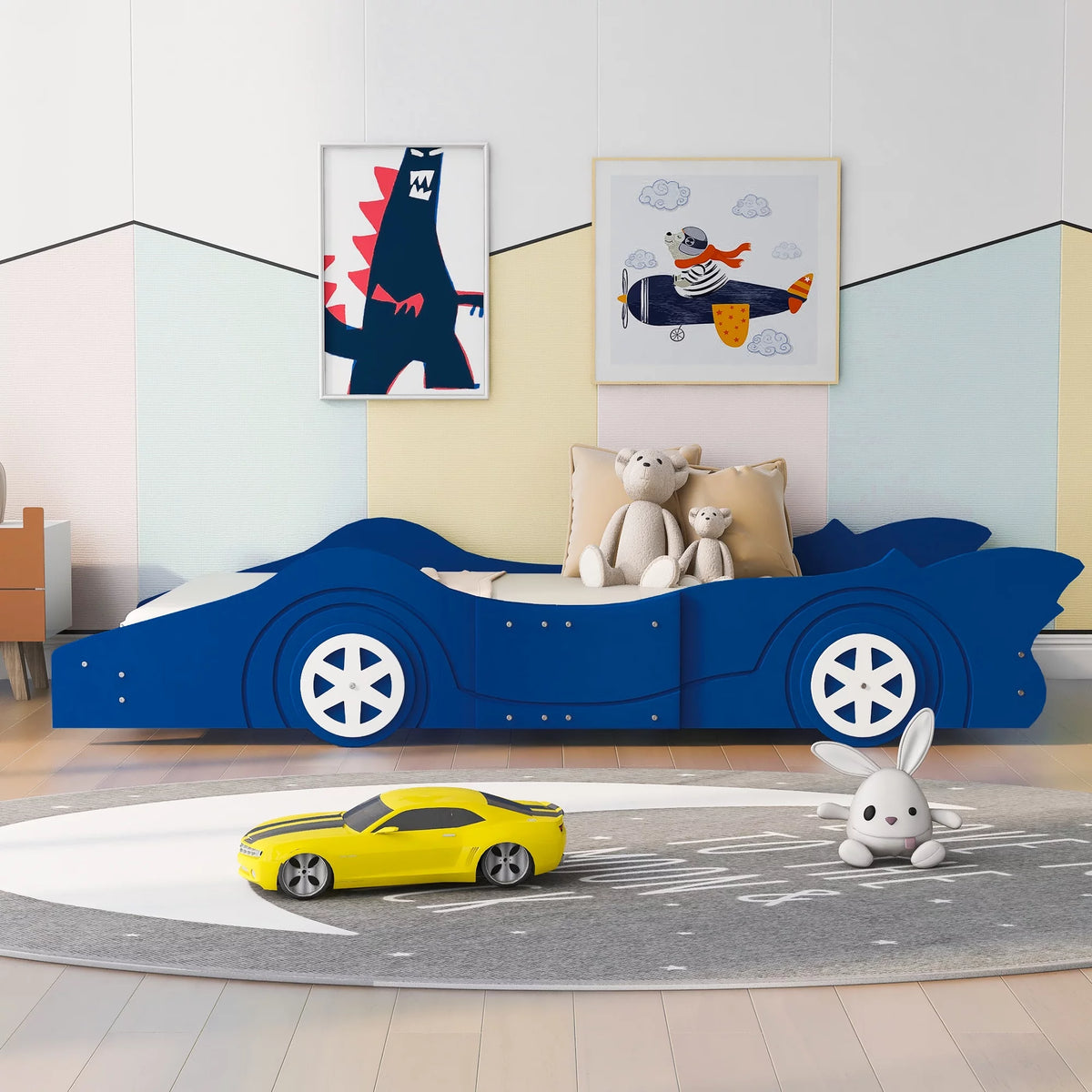Blue Car-Shaped Twin Size Platform Bed with Wheels G886