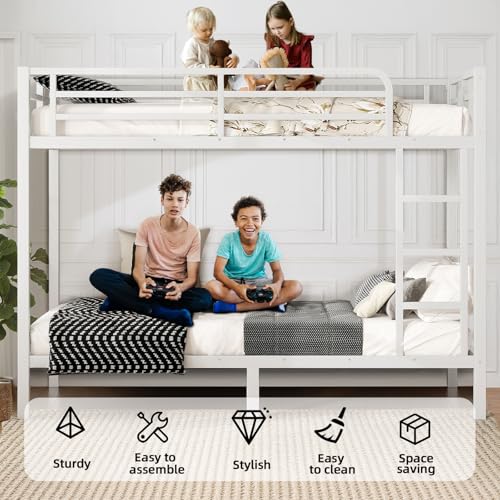 Twin XL Over Twin XL Black Metal Bunk Bed with Ladder and Guardrail V9807