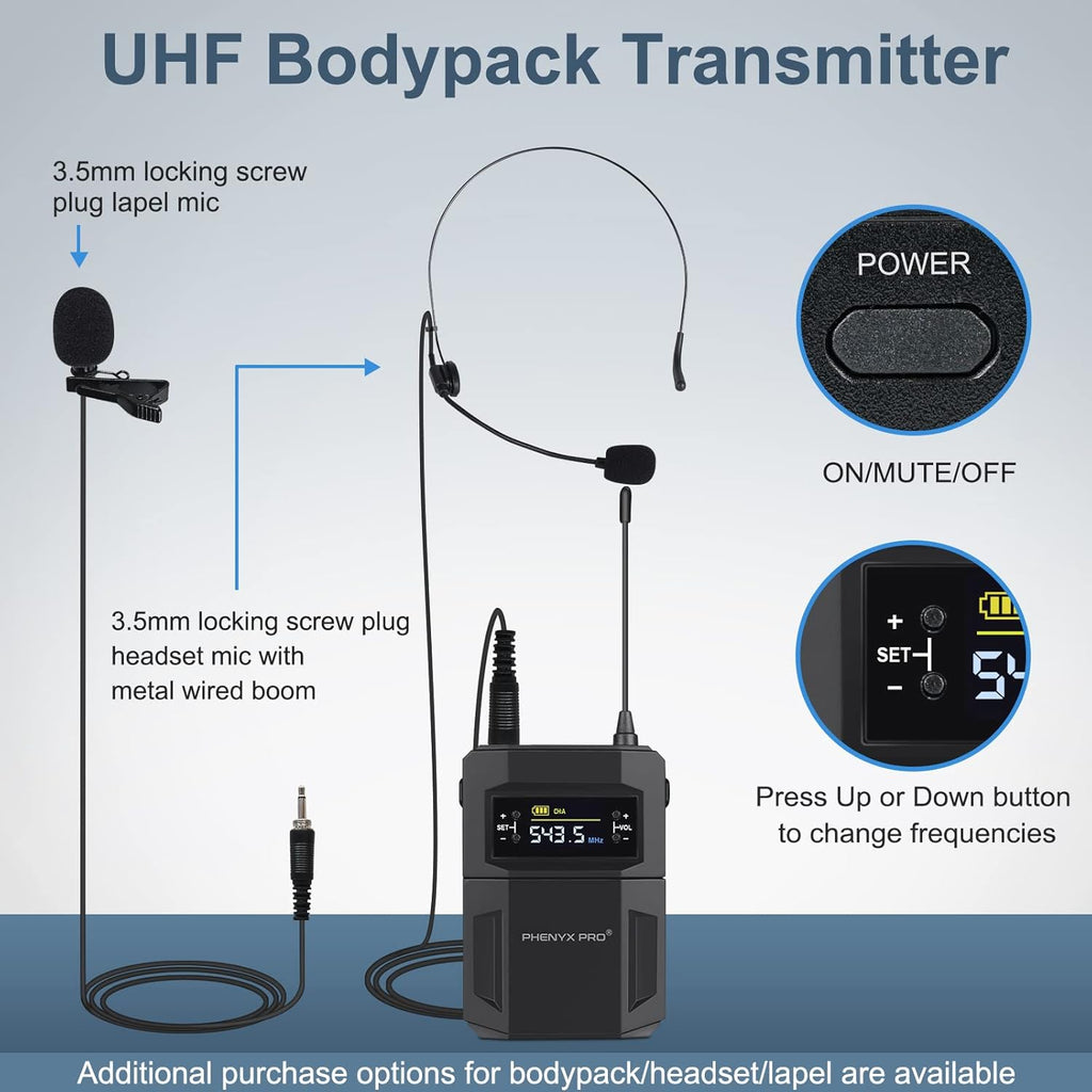 UHF Wireless Microphone System, 30 Adjustable Frequencies, Handheld/Bodypack/Headset/Lapel Mic Set with Case G485