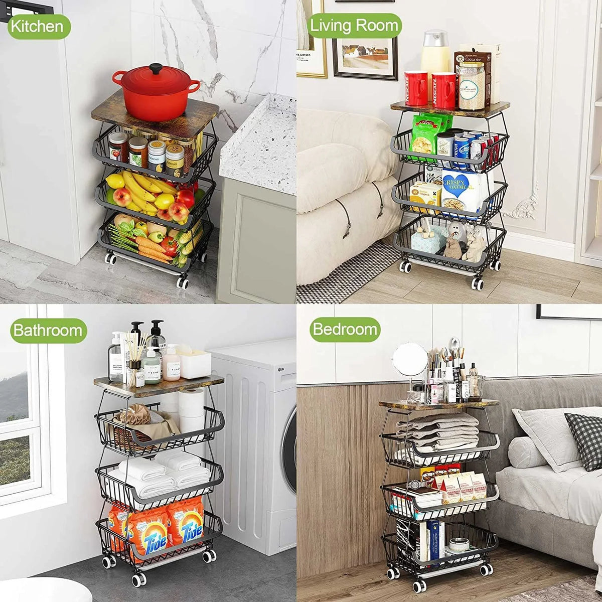 4 Tier Fruit Vegetable Cart with Solid Wood and Rollers W643