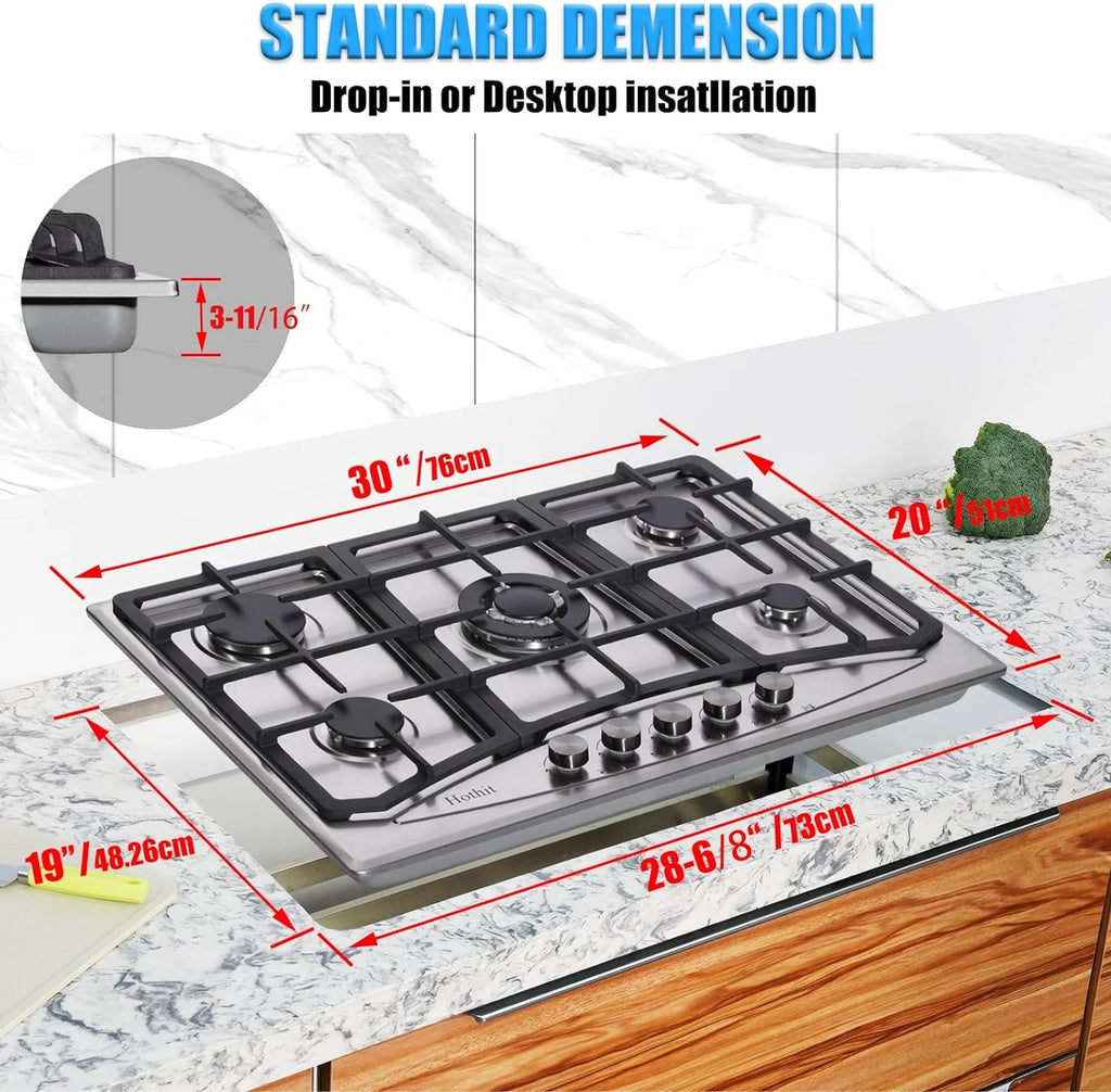 30" 5 Burner Built-in Stainless Steel Gas Cooktop S6347