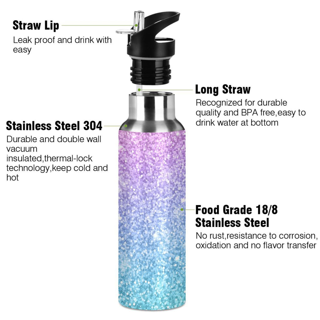 Glitter Gold Purple Green Stainless Steel Vacuum Insulated Water Bottle with Straw Lid 20 OZ R11080