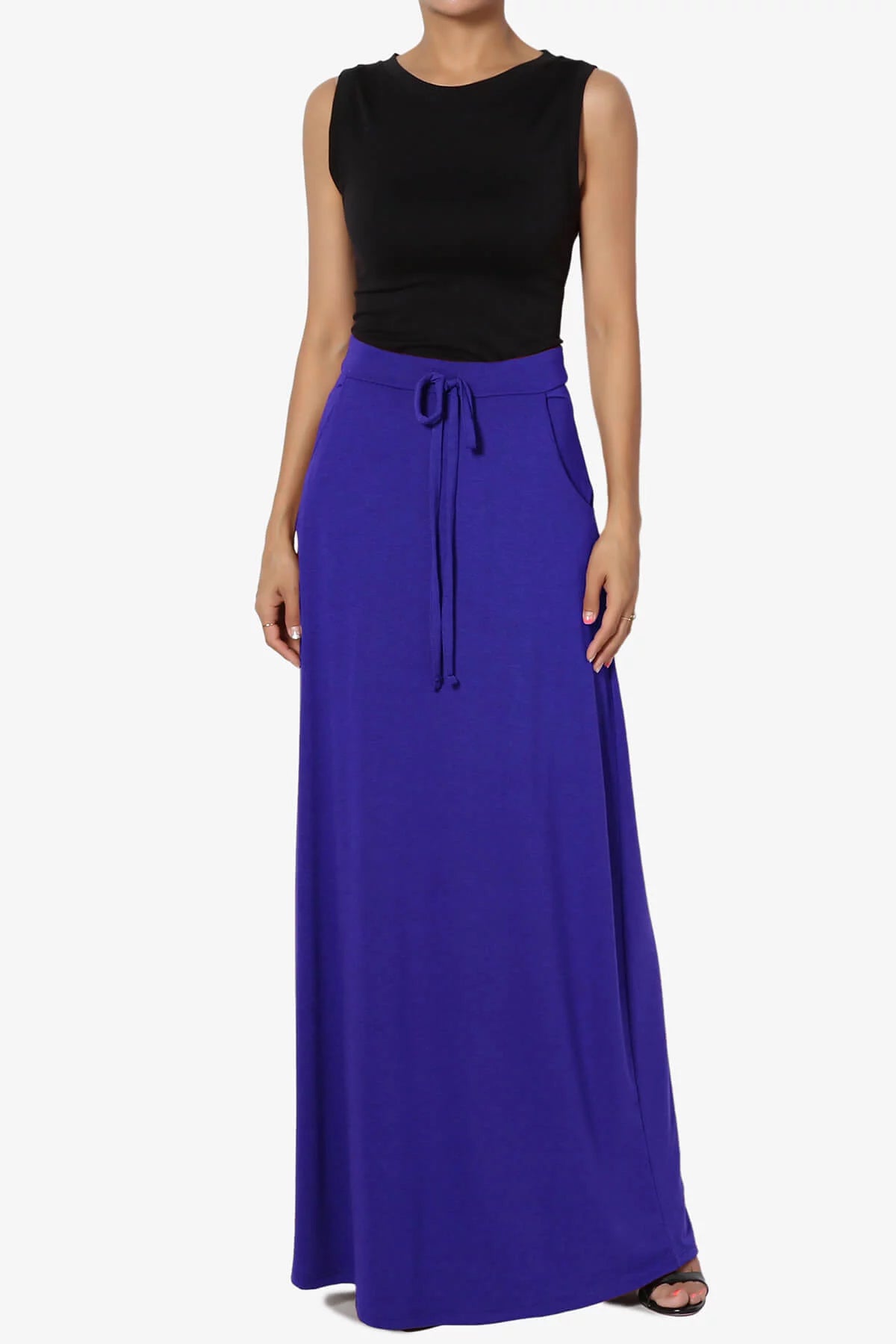 Drawstring Waist Pocket Jersey A-Line Maxi Skirt L910