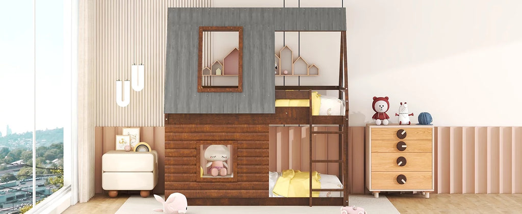 Wood Twin Size House Bunk Bed with Roof and Ladder T665024