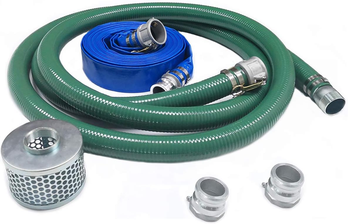 2 x 50' Blue PVC Backwash Hose & 2 x 20' Green PVC Suction Hose with Aluminum Camlock Fittings and Steel Suction Strainer P46080