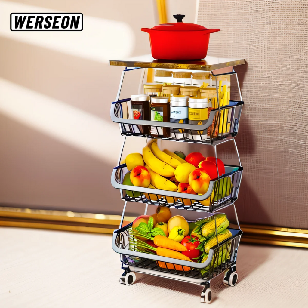 4 Tier Fruit Vegetable Cart with Solid Wood and Rollers W643