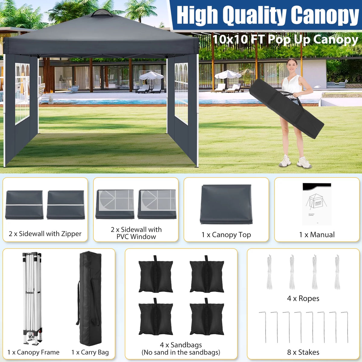 10'x10' Pop up Canopy Tent with 4 Side Walls and Carry Bag Z9516