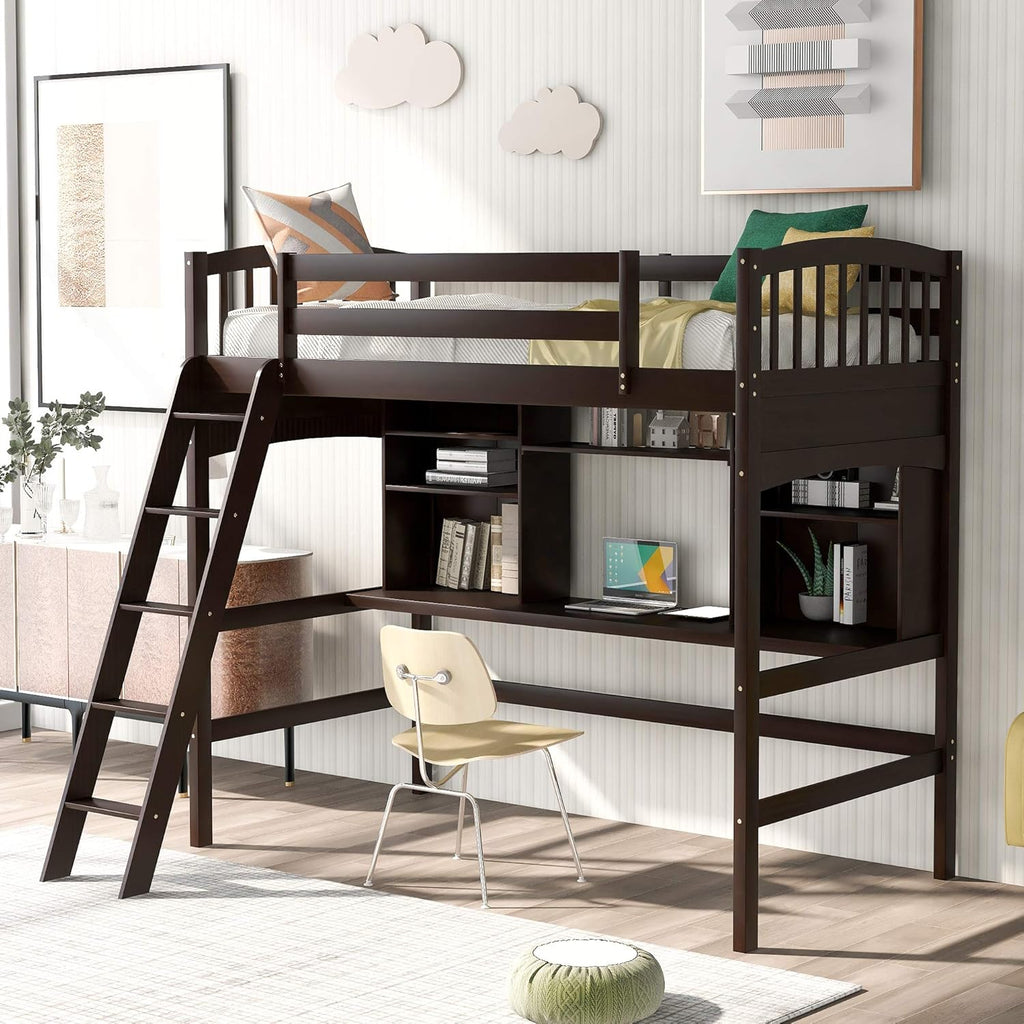 Twin Size Solid Wood Loft Bed with Desk and Storage Shelves C52120