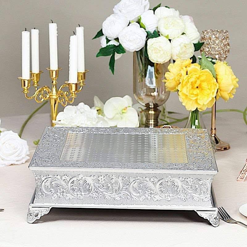 Silver Square Embossed Wedding Cake Stand Riser L65054