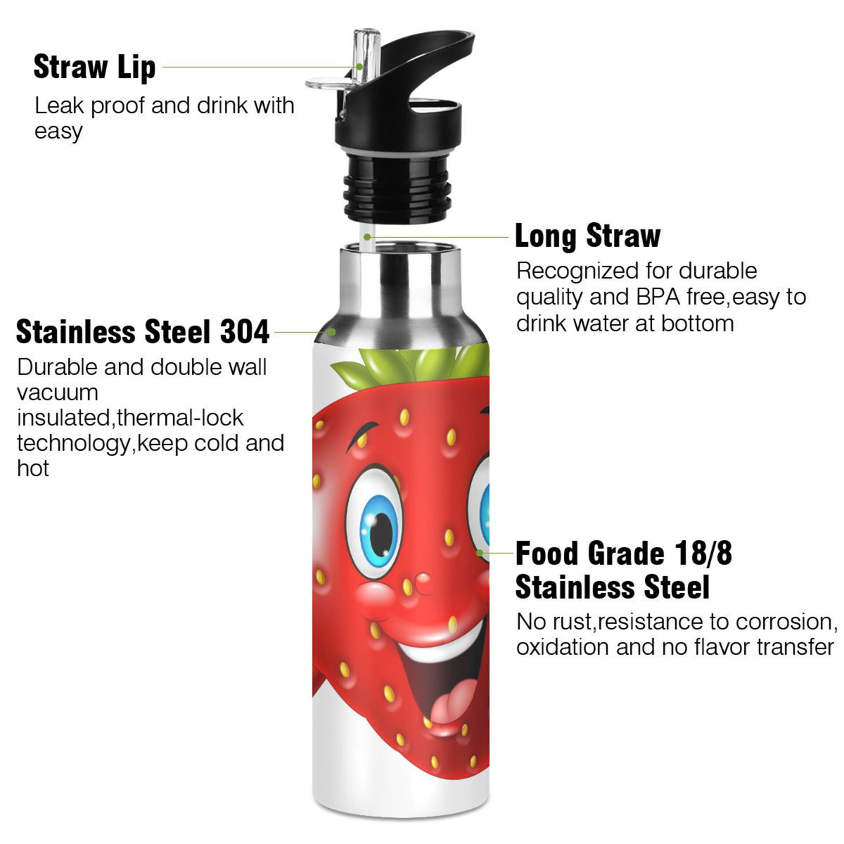 Strawberry Stainless Steel Insulated Water Bottle with Straw Lid K57225