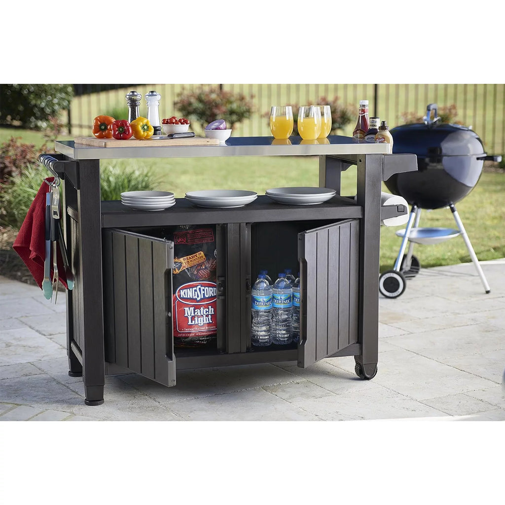 Brown Outdoor Kitchen Bar Rolling Cart with Storage Cabinet T493777