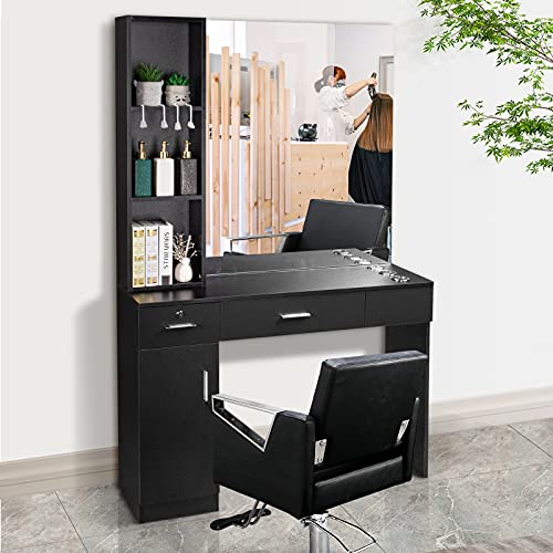 Black Wall Mount Barber Station with Mirror, 2 Drawers, 1 Storage Cabinet, 3 Open Shelves Y560