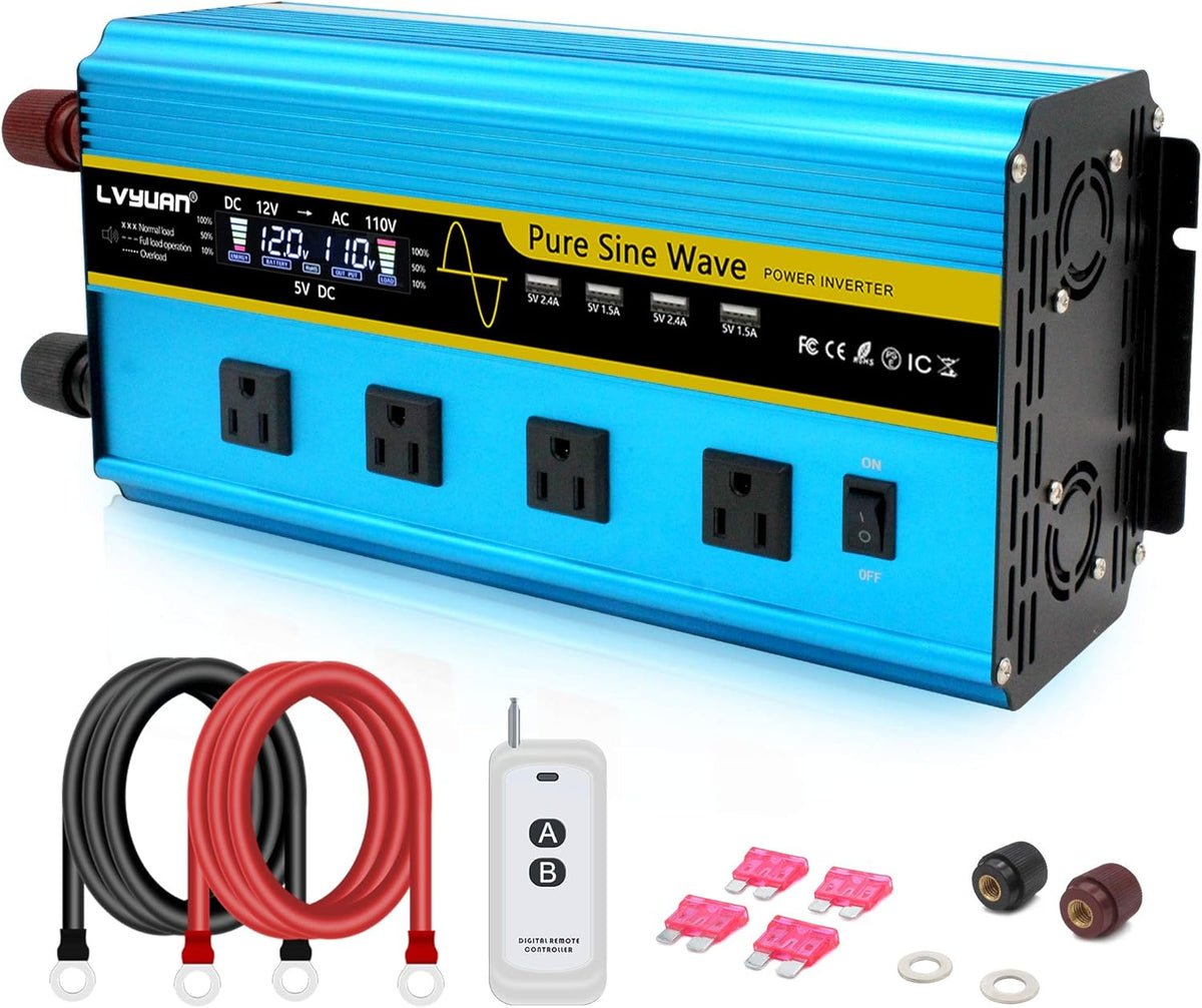 Pure Sine Wave Inverter 2500 Watt 12V to 110V DC to AC with Remote Controller LCD Display 4 AC Sockets 4 USB Charge Ports O145225