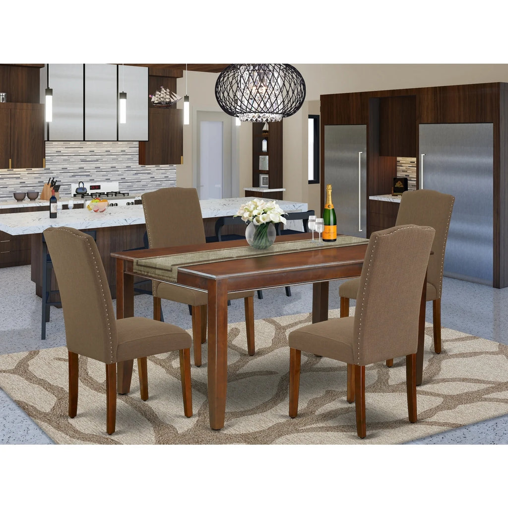 5Pc Rectangle Dining Table and Four Parson Chair with Mahogany Leg and Linen Fabric Dark Coffee S48983