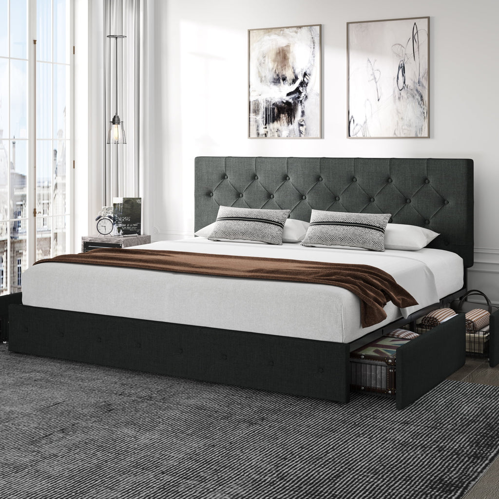 King Size Platform Bed Frame with Headboard and 4 Drawers, Dark Grey P213565