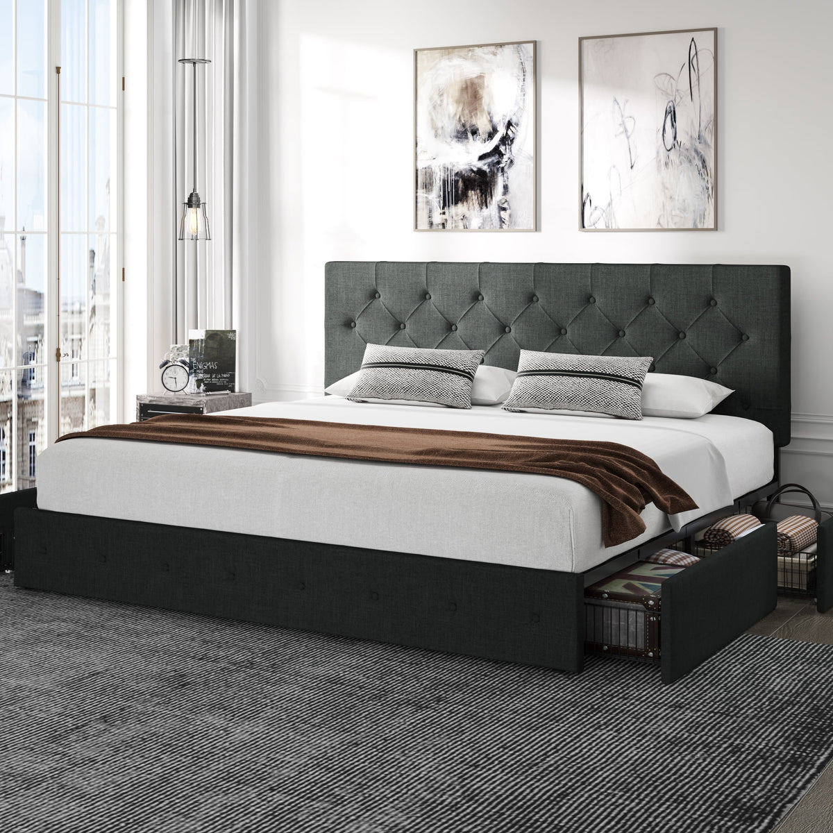 King Size Platform Bed Frame with Headboard and 4 Drawers, Dark Grey P213565