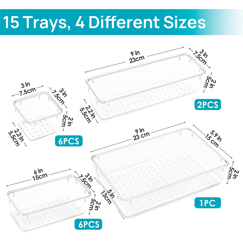 15PCS Clear Plastic Drawer Organizer Set Storage Bins B9447