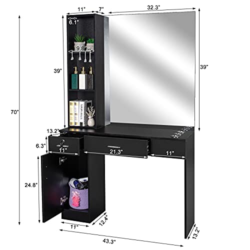 Black Wall Mount Barber Station with Mirror, 2 Drawers, 1 Storage Cabinet, 3 Open Shelves Y560