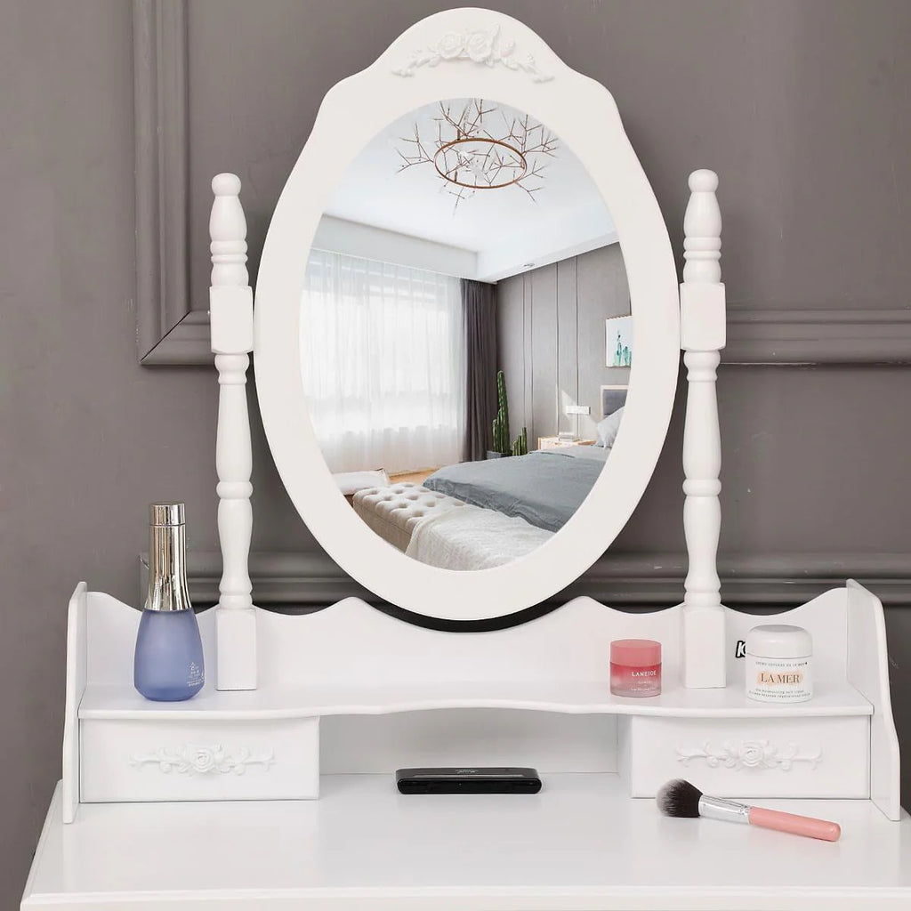 White Dressing Table and Stool Set with 4 Drawers & Mirror X2770