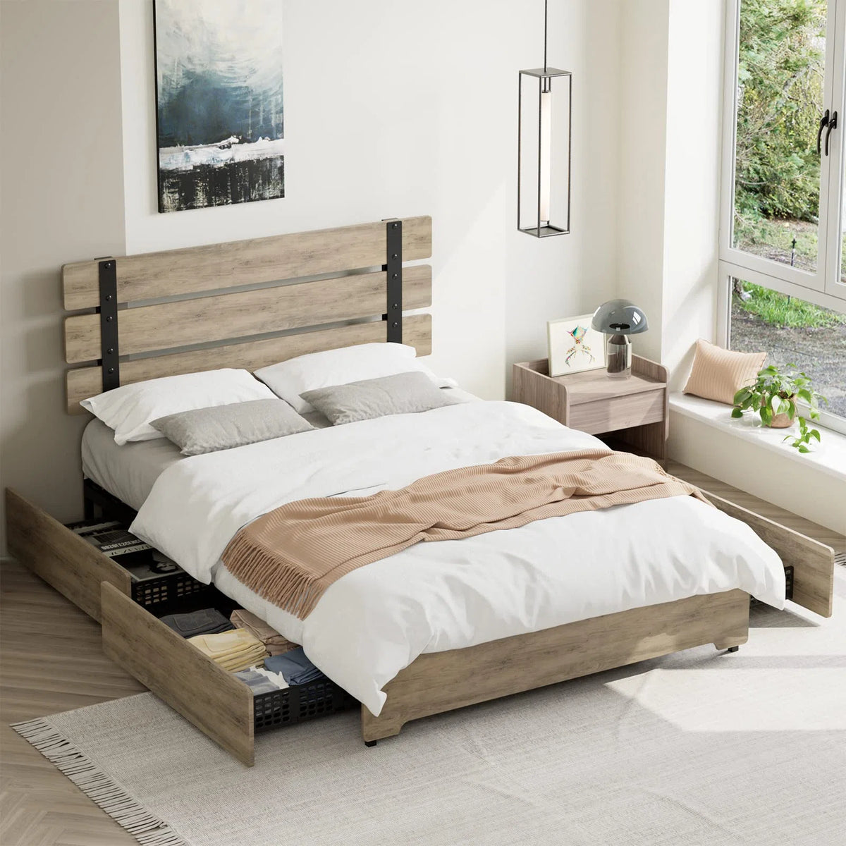 Queen Bed Frame with 4 Storage Drawers Y449