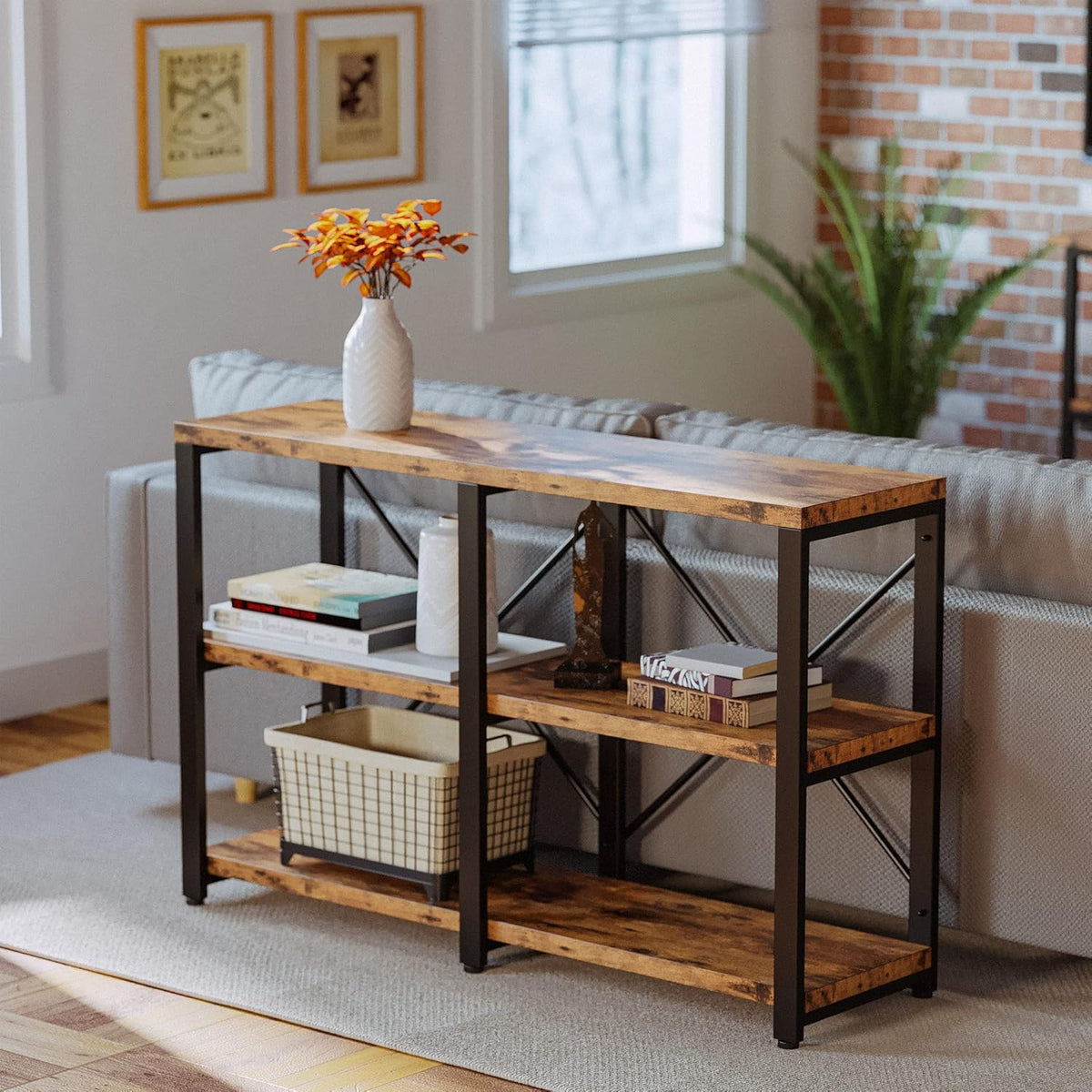 Double Wide 3 Tier Wood and Metal Bookshelf Y894099