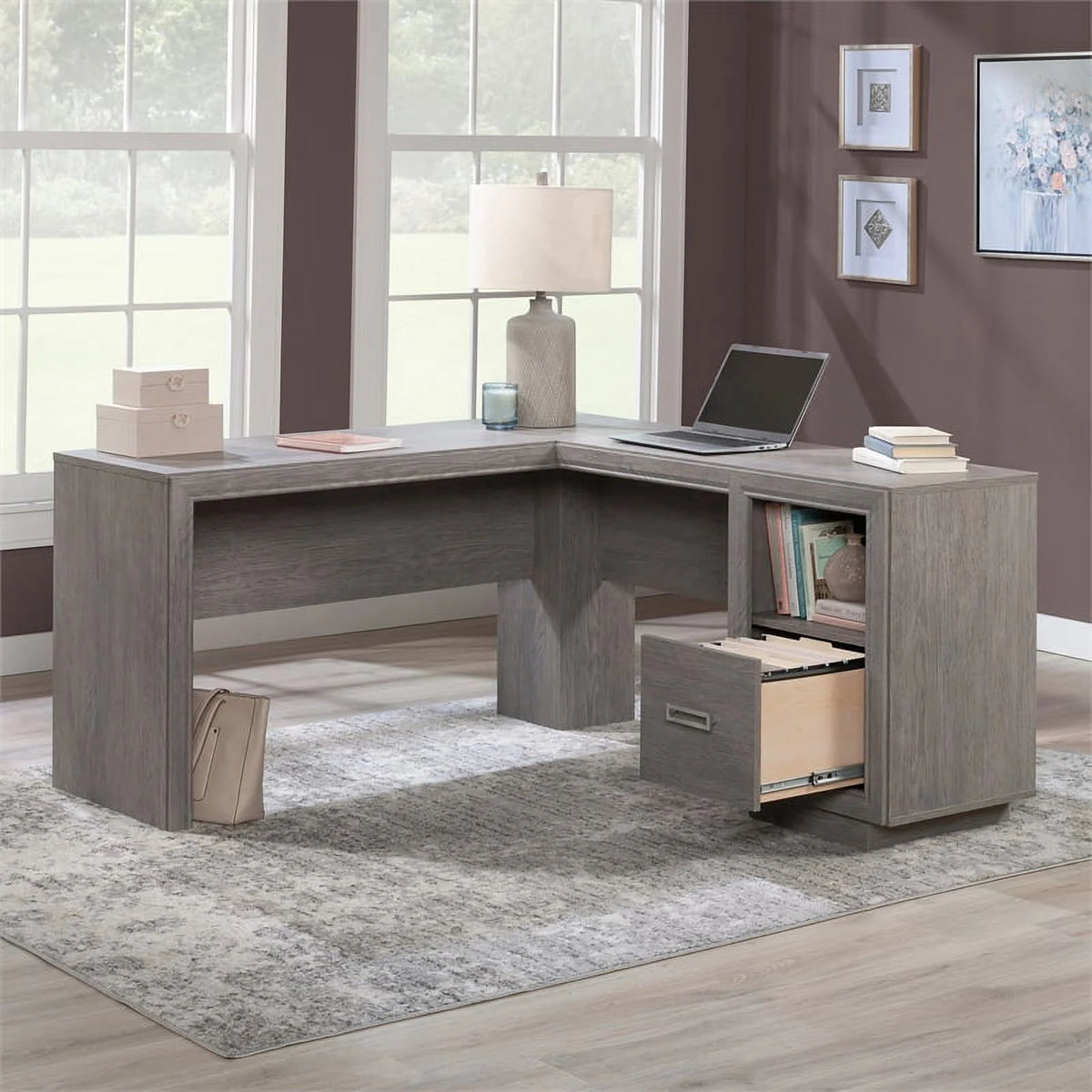 Contemporary L-Desk in Ashen Oak Finish Y251394