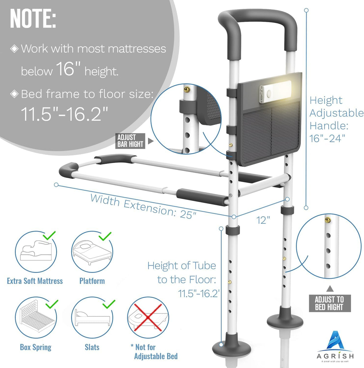Medical Bed Rail with Motion Light and Storage Pouch M2891