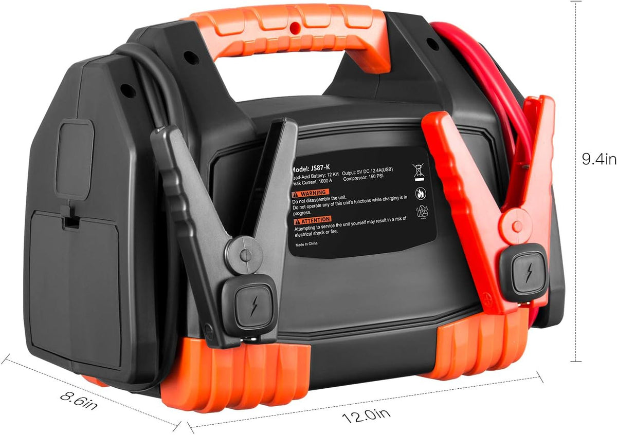 Portable Car Jump Starter 1000 Peak Amp 12-Volt with 1-USB 1-12V Power Ports & 150 PSI Air Compressor E5870