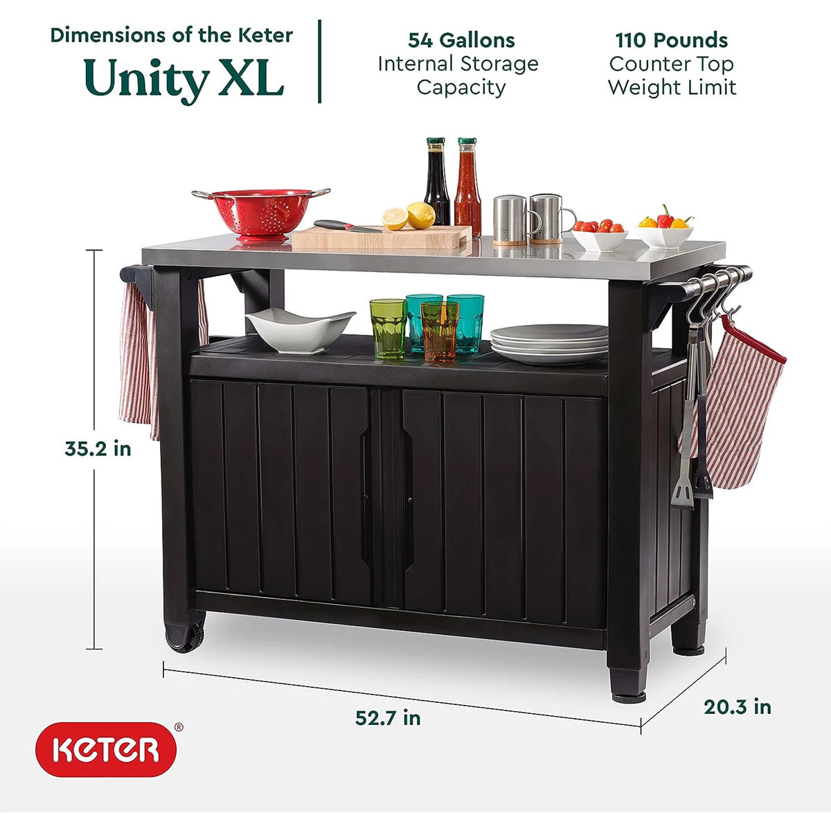 Brown Outdoor Kitchen Bar Rolling Cart with Storage Cabinet T493777