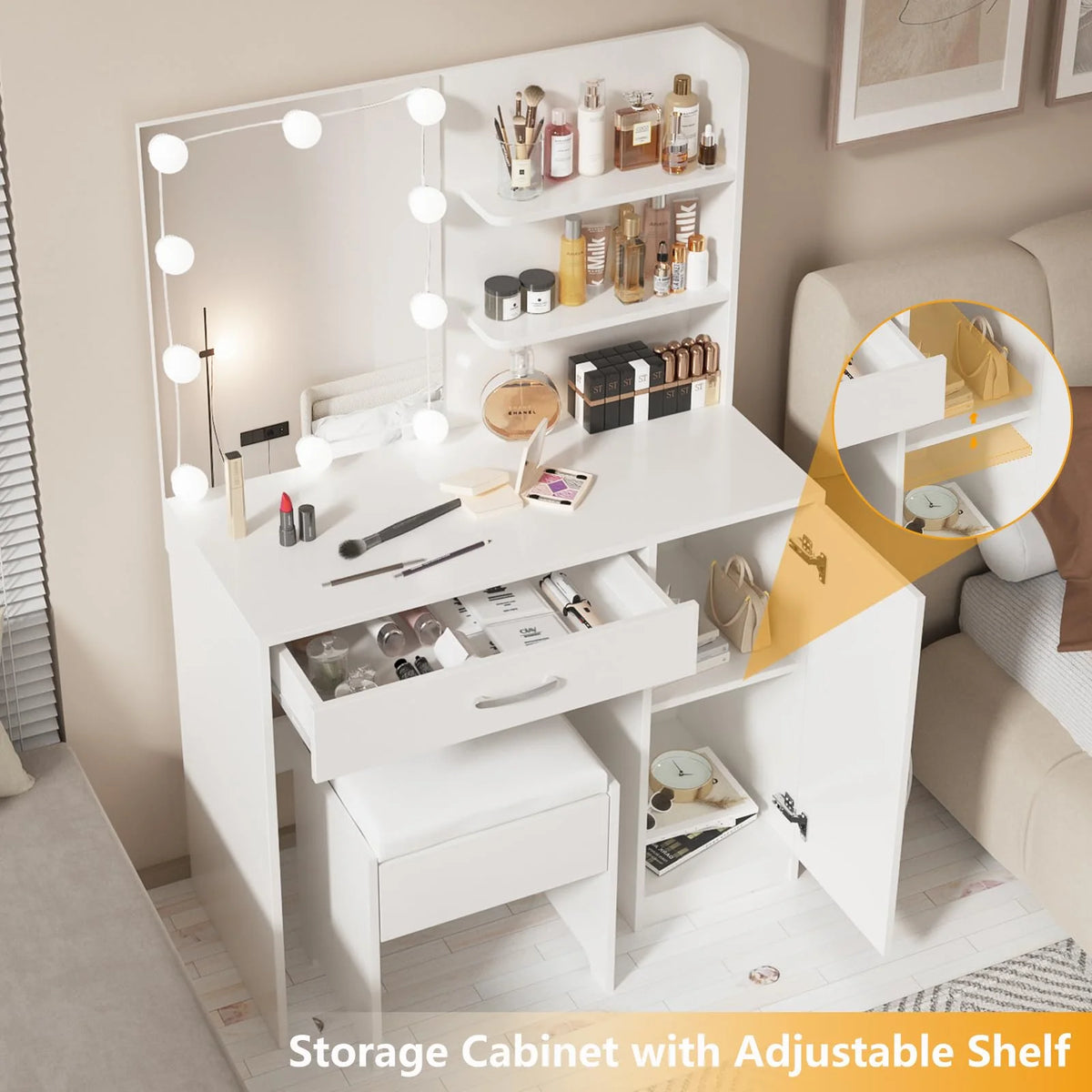 White Makeup Vanity Table Set with Lighted Mirror and Stool R6943