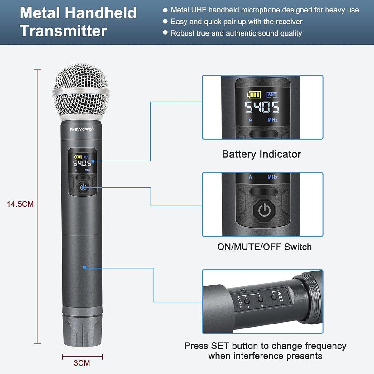 UHF Wireless Microphone System, 30 Adjustable Frequencies, Handheld/Bodypack/Headset/Lapel Mic Set with Case G485