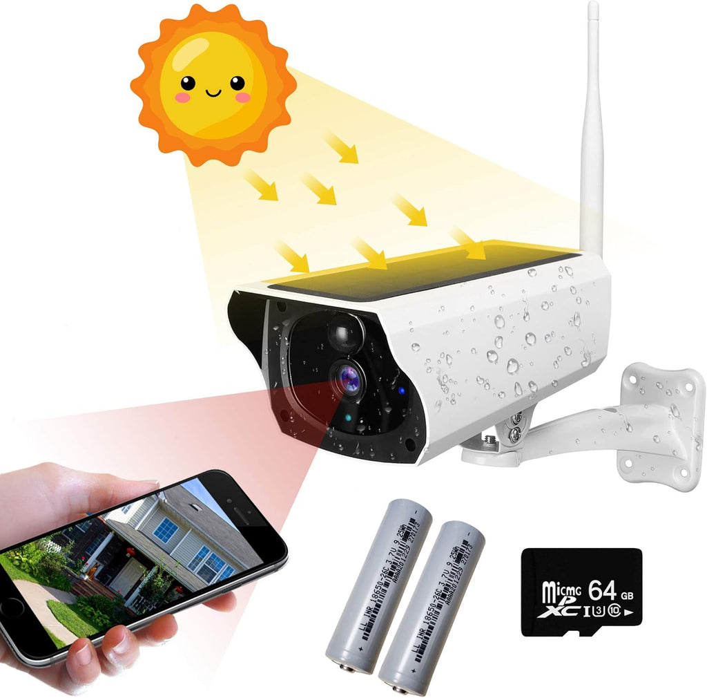 Outdoor Solar Security Camera 1080P HD Wireless WiFi Surveillance Camera with Night Vision, 2-Way Audio, IP67 Waterproof, 64G SD Card B35445