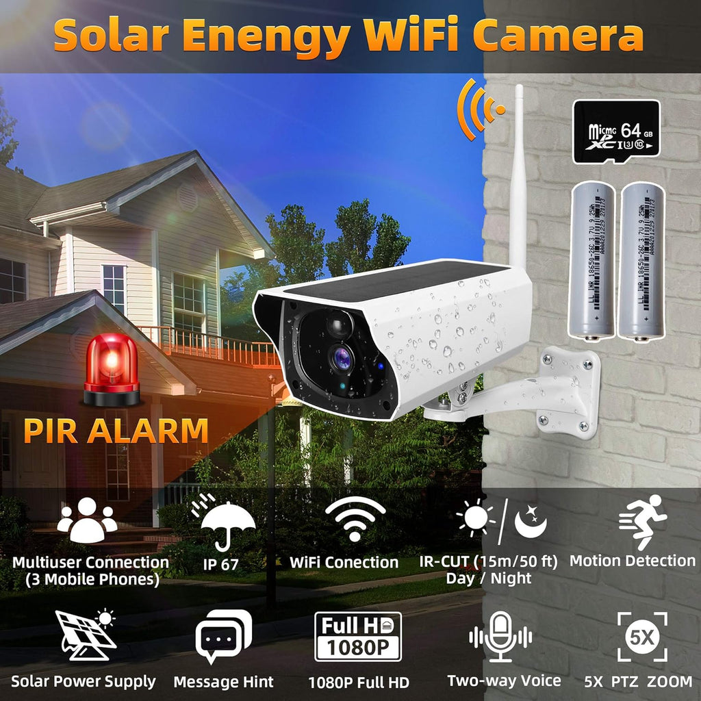 Outdoor Solar Security Camera 1080P HD Wireless WiFi Surveillance Camera with Night Vision, 2-Way Audio, IP67 Waterproof, 64G SD Card B35445