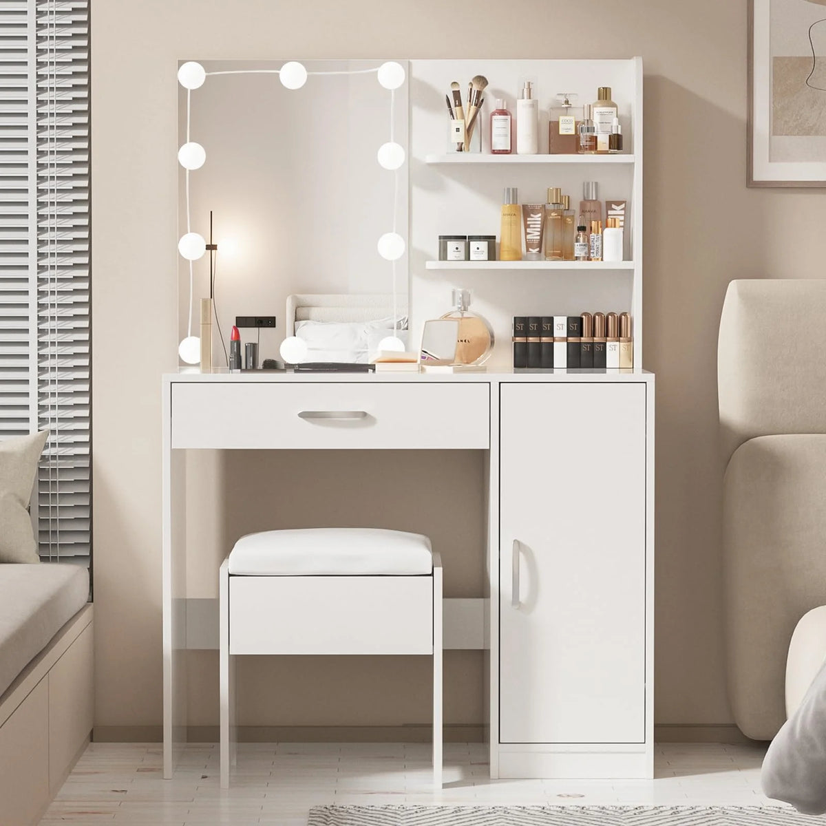 White Makeup Vanity Table Set with Lighted Mirror and Stool R6943