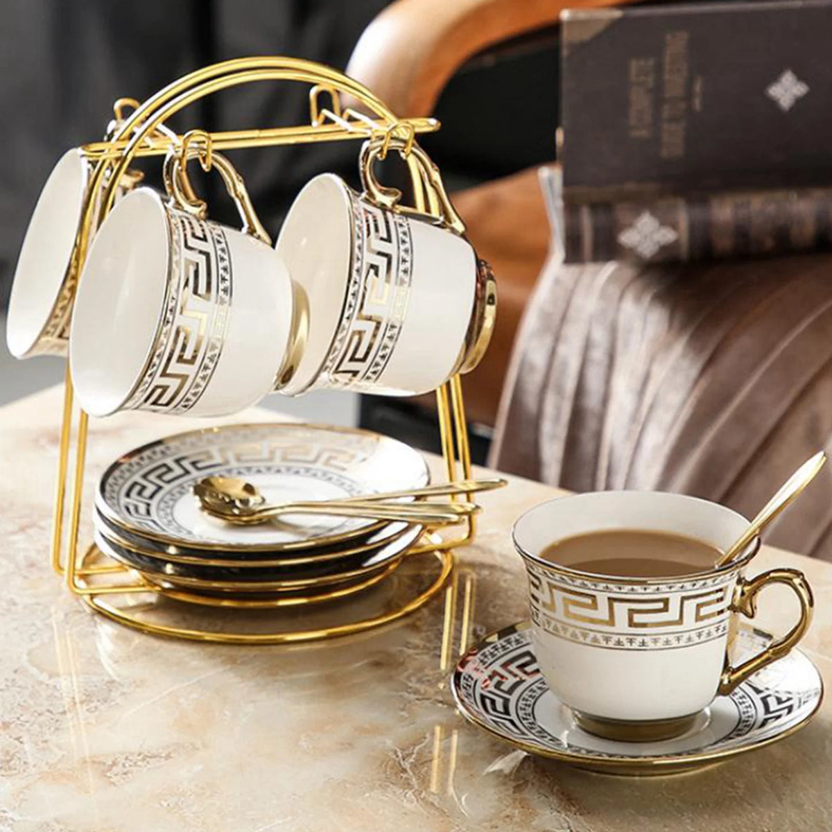 13 Pcs White Coffee Cup Set with Golden Trim R343580