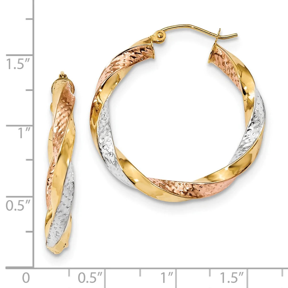 14kt Tri-color Polished Diamond Cut Twist Hoop Earrings A6756