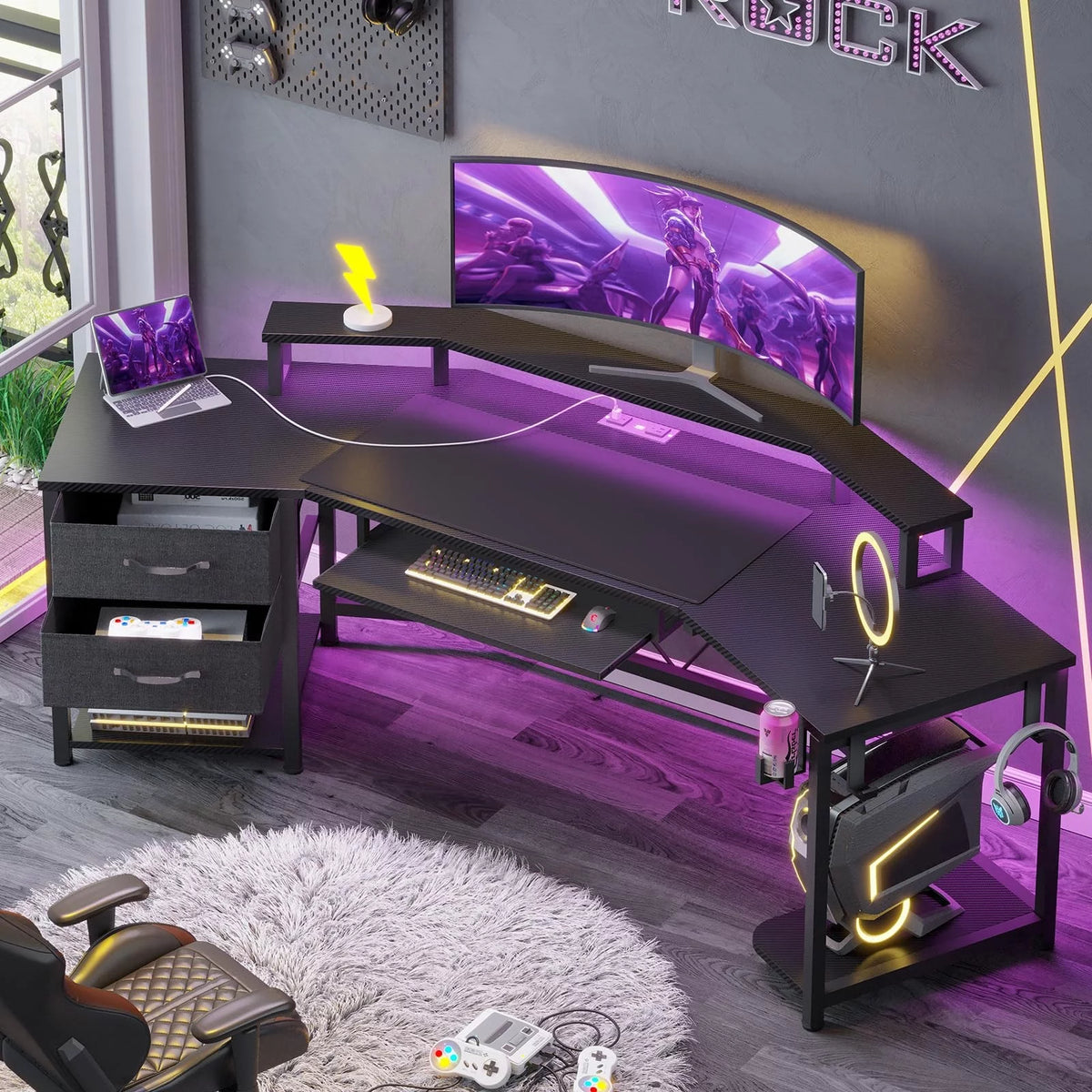 Black L Shaped Gaming Desk with LED Lights, Power Strip, 2 Fabric Drawers, Storage Shelf, Keyboard Tray S8951