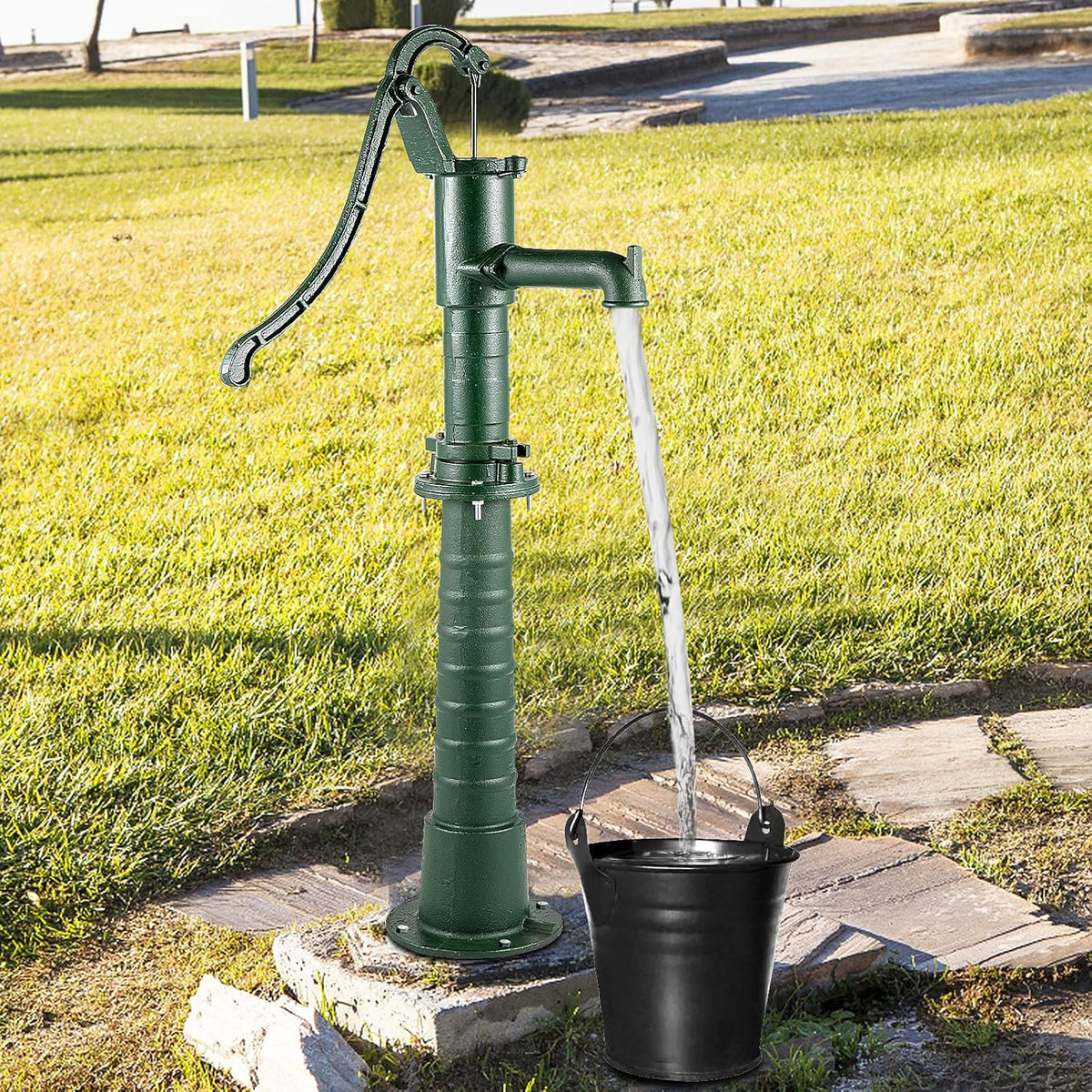 Green Cast Iron Hand Water Pump with Stand S46163