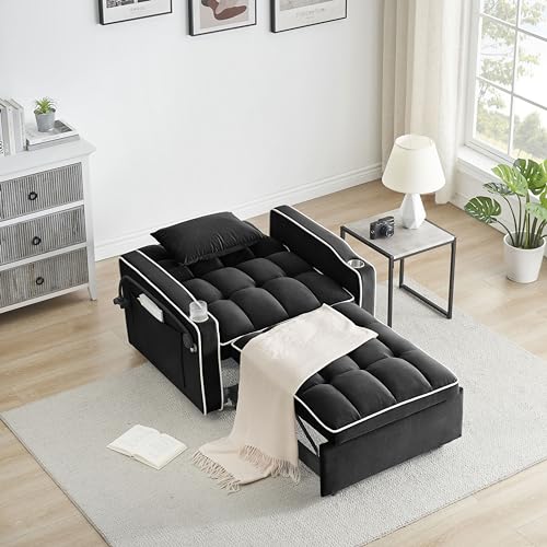 Creamy White Convertible Sleeper Sofa Chair with Cup Holder I97812