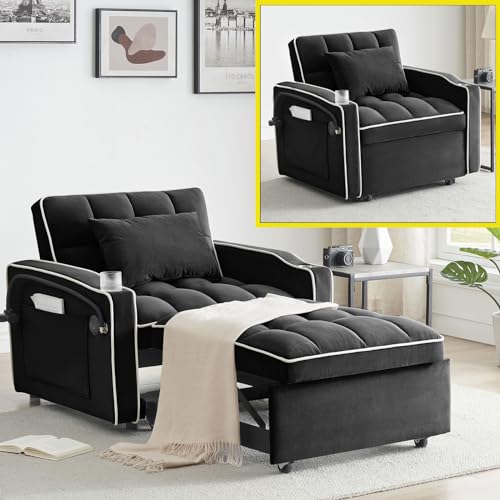 Creamy White Convertible Sleeper Sofa Chair with Cup Holder I97812